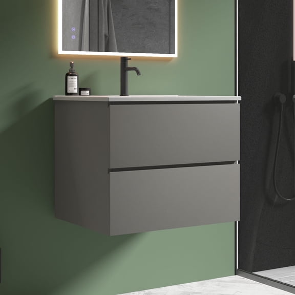 CITTANEO 24" Floating Bathroom Vanity with Ceramic Sink, Contemporary Bathroom Cabinet with 2 Drawers, Gray