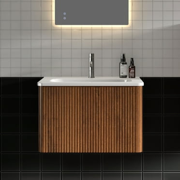 CITTANEO 24 inch Mid Century Bathroom Vanity with Sink, Modern Bathroom Cabinet in Walnut