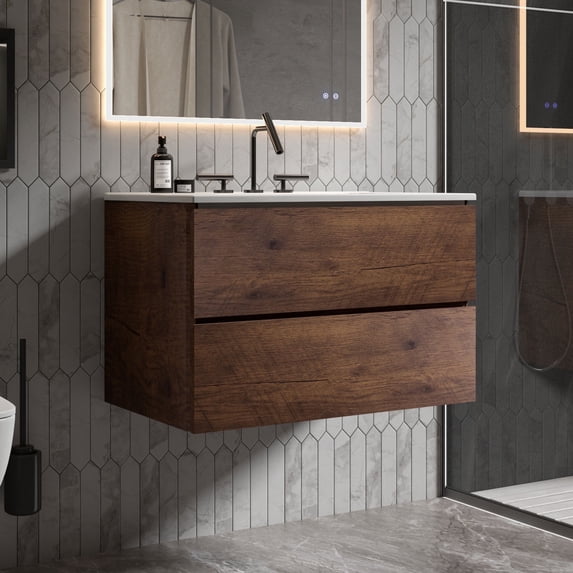 CITTANEO 30" Floating Bathroom Vanity with 3-Hole Ceramic Sink, Contemporary Bathroom Cabinet with 2 Drawers, Walnut