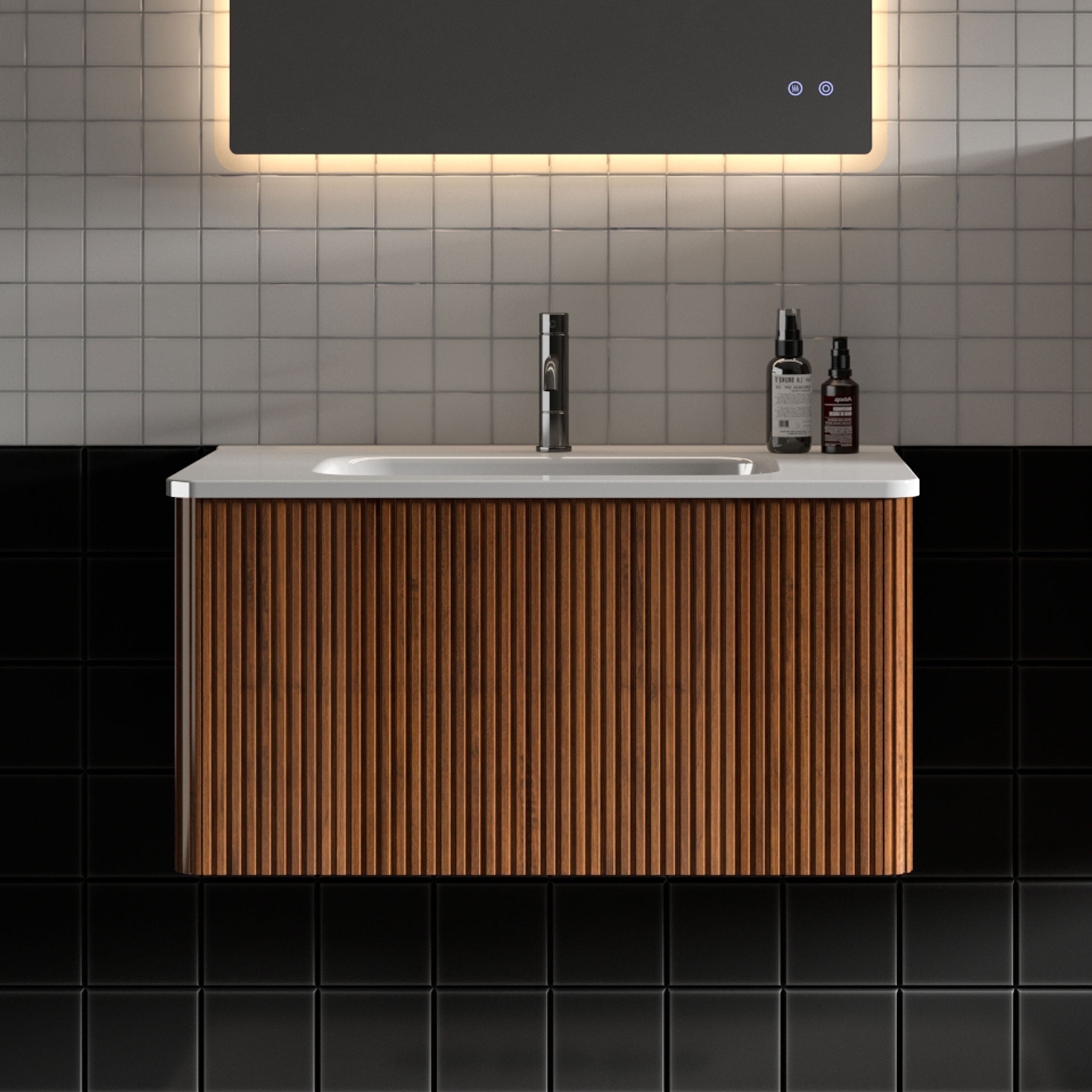 CITTANEO 30" Mid Century Bathroom Vanity with Sink, Modern Bathroom Cabinet with Push-Open Drawer, Walnut