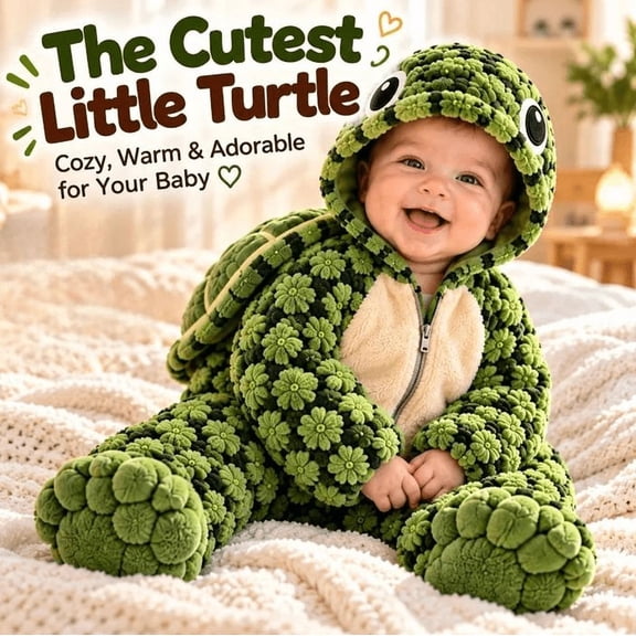 Little Turtle Plush 3D Shell Baby Onesie, Full Body Zipper Romper, Fluffy Animal Outfit for Baby Shower & Photo Props