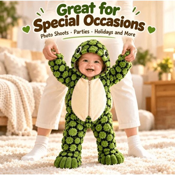Little Turtle Plush 3D Shell Baby Onesie, Full Body Zipper Romper, Fluffy Animal Outfit for Baby Shower & Photo Props