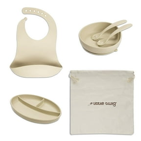 Little Twig 6-Pc Unbreakable Silicone Baby Feeding Set Kids Dinnerware Set, Almond
