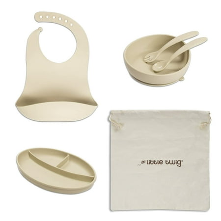 Little Twig 6-Pc Unbreakable Silicone Baby Feeding Set Kids Dinnerware Set, Almond