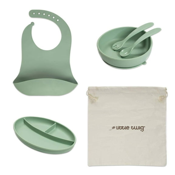 Little Twig 6-Pc Unbreakable Silicone Baby Feeding Set Kids Dinnerware Set, Green