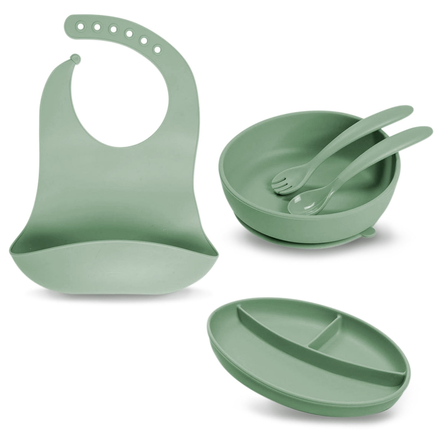 Little Twig 6-pc Silicone Feeding Set with Bib, Suction Plate, Suction  Bowl, Spoon, Fork and Travel Bag, Sage