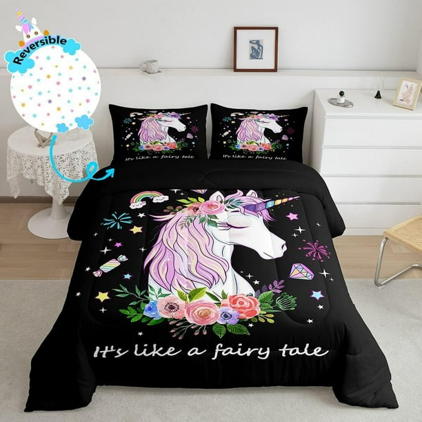 Little Unicorn Duvet Insert Cute Dreamy Horse Comforter Set Cartoon Magical Animal Bedding Set Rainbow Stars Diamond Flowers Quilt Queen Floral Eyelash Unicorn Gifts for Girls Kawaii Room Decor Walmar...