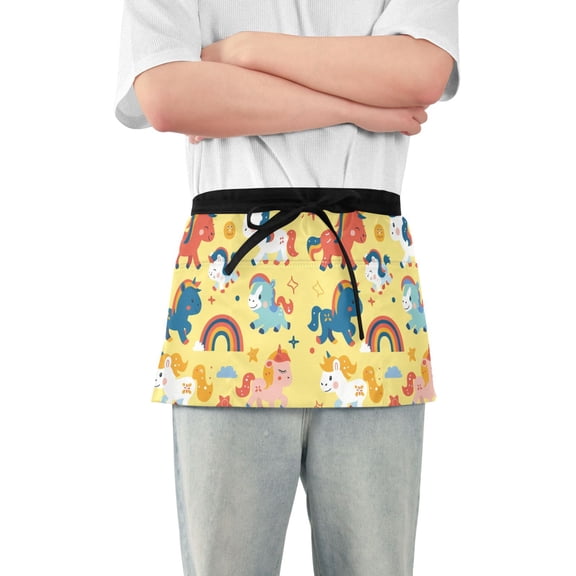 Little Unicorns and Rainbow Server Apron with 3 Pockets Waterproof Waitress Waist Short Apron for Man Woman 12 Inches