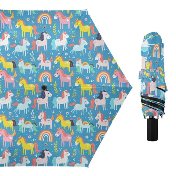 Little Unicorns with Plant Compact Sun Umbrella Windproof Travel Umbrellas for Rain Strong Portable UV Protection