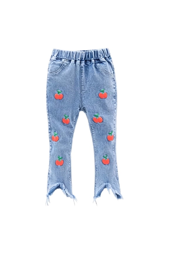 Little Uniform Jeans For Girls Apple Print Slit Denim Full Length For Kids Denim Fit Length School Trousers Size 7-8T