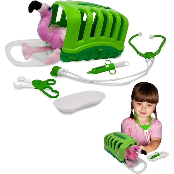 My Little Vet Basket Flamingo Toy from Deluxebase. Pretend Play Pet Carrier & Vet Doctor Kit