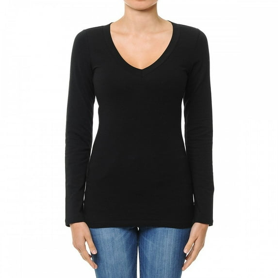 Little Vintage Girls Women V-Neck Long Sleeve Shirts, Cotton Basic Tops & T-Shirt (1X, Black)
