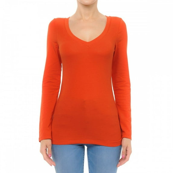 Little Vintage Girls Women V-Neck Long Sleeve Shirts, Cotton Basic Tops & T-Shirt (2X, Rust)