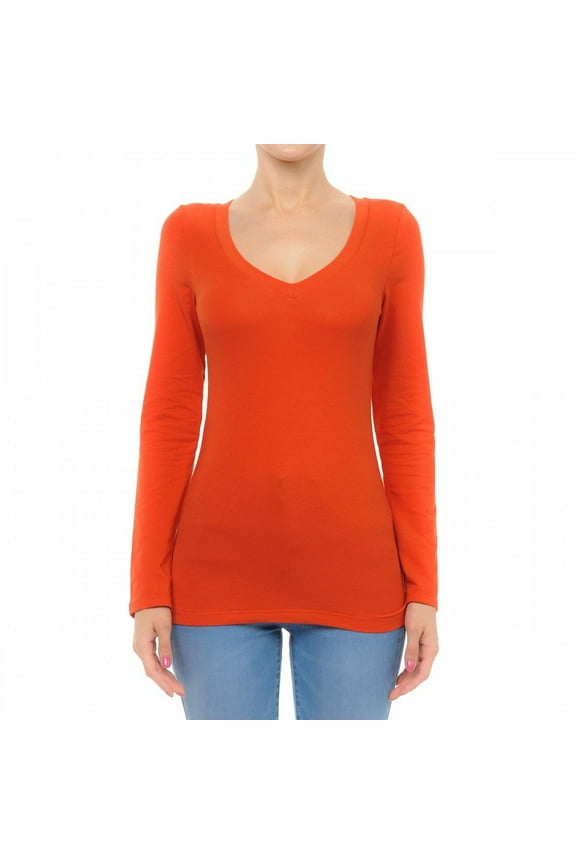 Little Vintage Girls Women V-Neck Long Sleeve Shirts, Cotton Basic Tops & T-Shirt (2X, Rust)