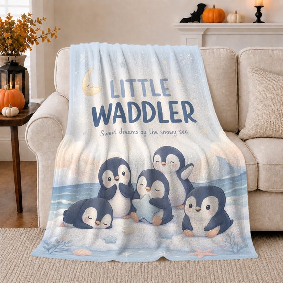 Little Waddler Penguin Snow Night Illustration, Festive Holiday Scene, Warm Flannel Blanket for Beach House and Living Room, Art Lovers Housewarming Gift, Playful Home Decor
