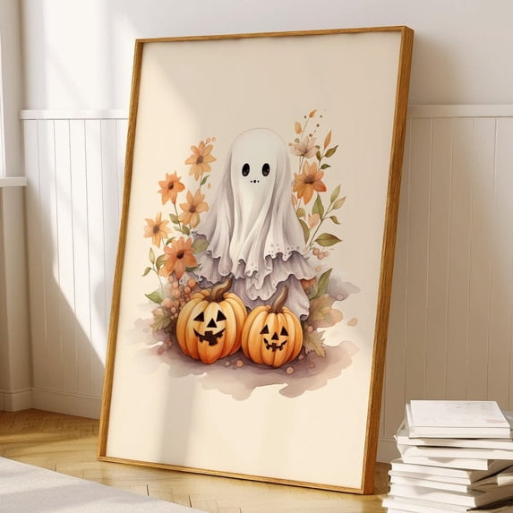 Little White Ghost Print, Spooky Pumpkins Wall Decor, Vibes Cute Ghosts Wall Art, Modern Wall Decor, 16x24 UNFRAMED