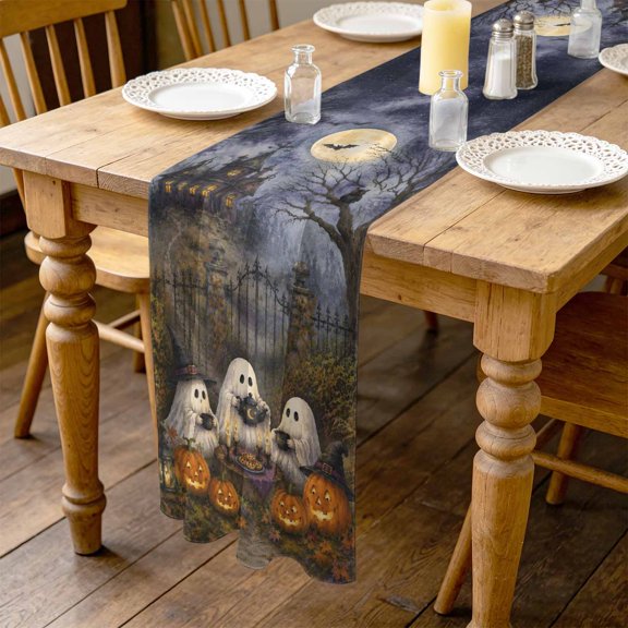 Little White Ghosts 10ft Cheesecloth Table Runner for Wedding 27"x120", Halloween Vintage Pumpkin Moon Goth Haunted Castle Kitchen Dinner Sheer Tulle Chiffon Dresser Scarf, Holiday Party Decorations