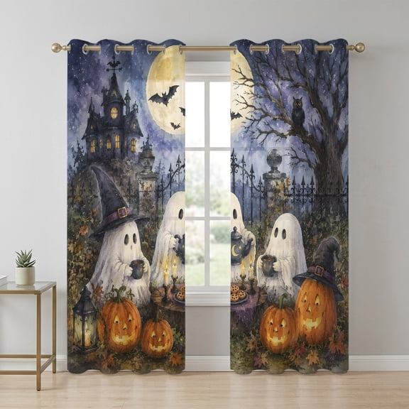 Little White Ghosts Sheer Curtains 84 Inch Long 2 Panels, Halloween Vintage Pumpkin Moon Goth Haunted Castle Light Filtering Semi Sheer Drapes Grommet Voile Window Curtain for Living Bedroom W42xL84