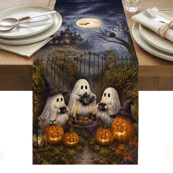 Little White Ghosts Table Runner, Halloween Vintage Pumpkin Moon Goth Haunted Castle Washable Kitchen Table Runners for Dining Table Decorations Party/Restaurant/Indoor Outdoor Use, 13x60in