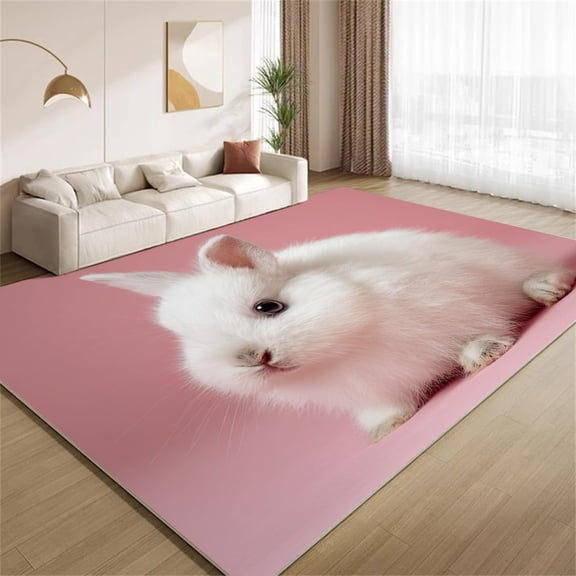 Little White Rabbit Area Rugs, Pink Fluffy Animal Pattern Carpet, Washable Non Slip Low Pile Soft Rug for Living Room Bedroom Decor Mat 2x3ft