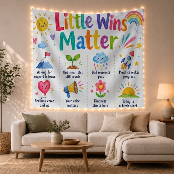Little Wins Matter Quote with Rainbow and Sun, Calming Watercolor for Quote Lovers, Motivational Wall Decor, Thank You Gift Tapestry Wall Hanging for Office and Classroom