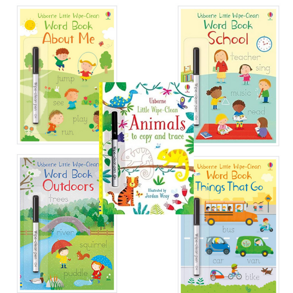 Little Wipe Clean Workbook Set : Animals To Copy And Trace; School Word Book; Things That Go Word Book; Outdoors Word Book; and About Me Word Book (5 Laminated Paperbacks)
