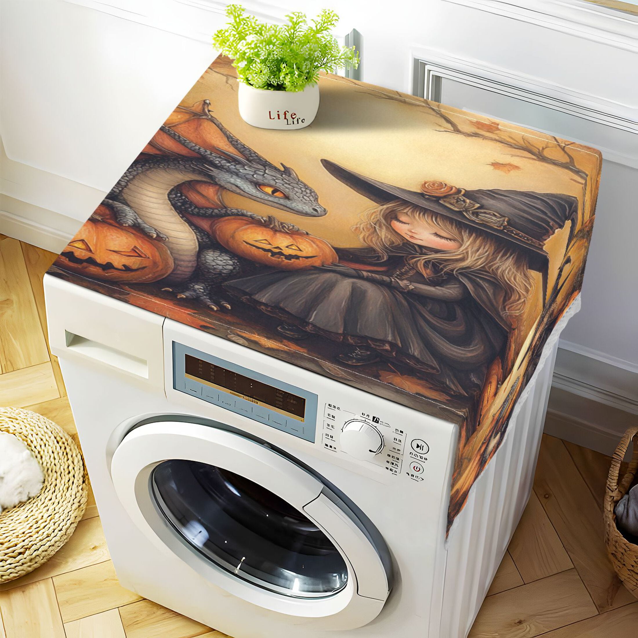 A Little Witch and Her DragonWasher and Dryer Covers Dust-Proof and Oil Resistant Fridge Cover with 4 Storage Pockets Washing Machine Top Cover for Laundry Kitchen Home 51.2 x 22 In