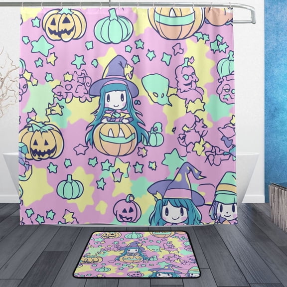Little Witches Bathroom Accessory Sets Waterproof Shower Curtain with Anti-Slip Bath Mat Durable Combo