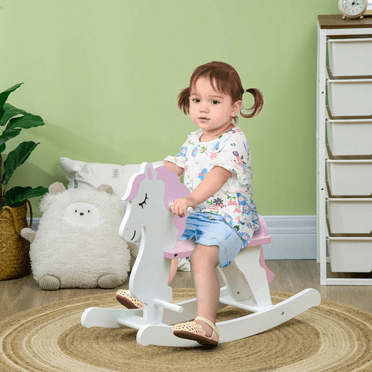 Little Wooden Rocking Horse Toy For Kids' Imaginative Play, Children's Small Baby Rocking Horse Ride-On Toy For Toddlers 1-3, Pink And White