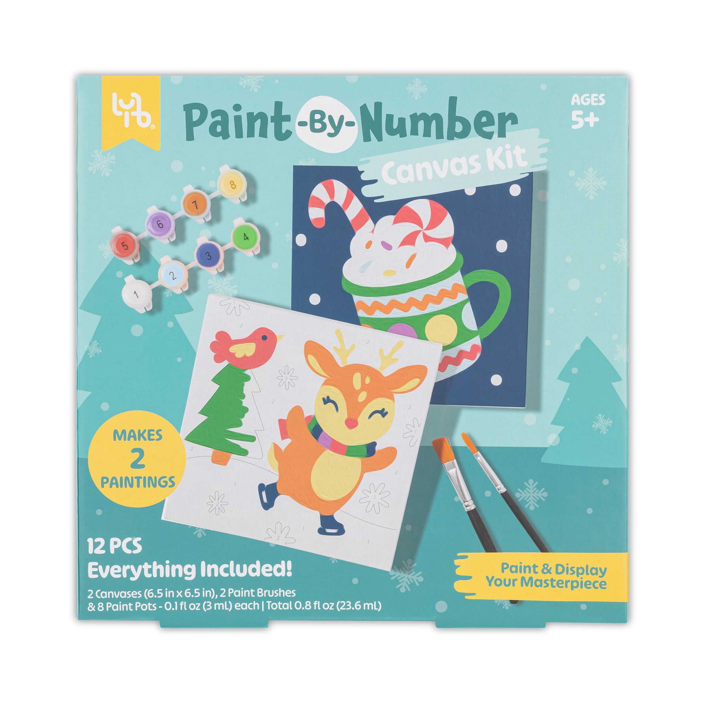 Little Yellow Bicycle: Reindeer Paint-By-Number Kit - Complete Art Set W/ 2 Canvases, 2 Brushes & 8 Paint Pots, Holiday-Themed, Kid & Adult Craft Kit