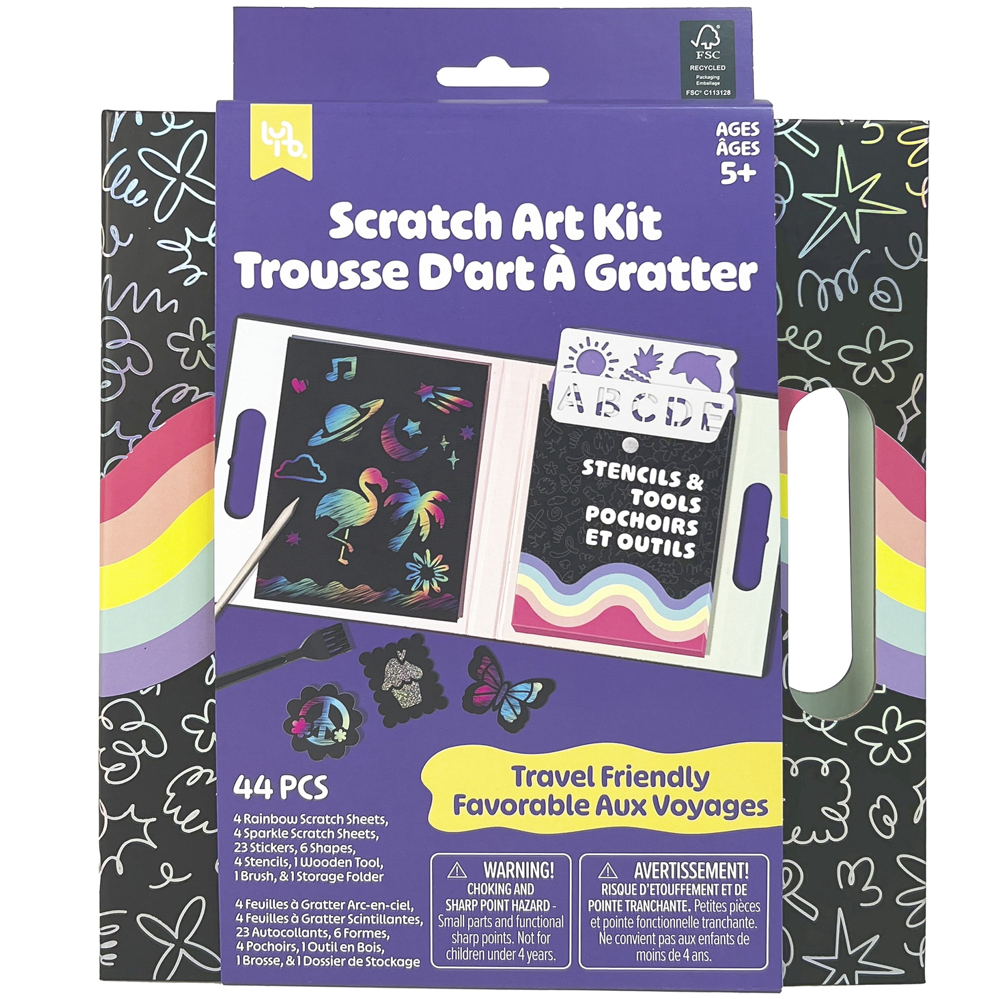 Little Yellow Bicycle: Scratch Art Kit - 4 Rainbow & 4 Sparkle Sheets, Stickers & Shapes, 4 Stencils, Scratch Tool & Brush, Travel Folder, Kid 5+