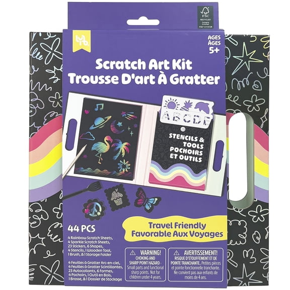 Little Yellow Bicycle: Scratch Art Kit - 4 Rainbow & 4 Sparkle Sheets, Stickers & Shapes, 4 Stencils, Scratch Tool & Brush, Travel Folder, Kid 5+