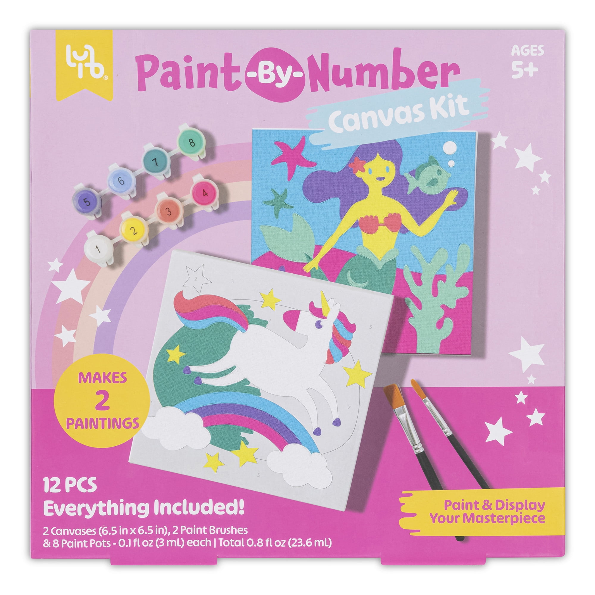 Little Yellow Bicycle: Unicorn & Mermaid Paint-By-Number Canvas Kit - All-In-1 Art Set, Magical Paintings, 8 Non-Toxic Paint Pots, 2 Brushes, Kids 5+