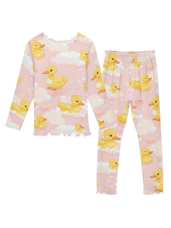 Little Yellow Duck Cloud Long Sleeve Snug Fit Pajama Set 2 Piece Soft Warm Fleece Top and Pants Sleepwear PJs