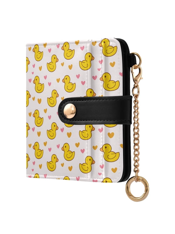 Little Yellow Duck Love Small Wallet for Women RFID Blocking Bifold PU Leather Credit Card Holder with Zipper Coin Pocket Compact Cute Travel Purse Magnetic Snap 7 Card Slots