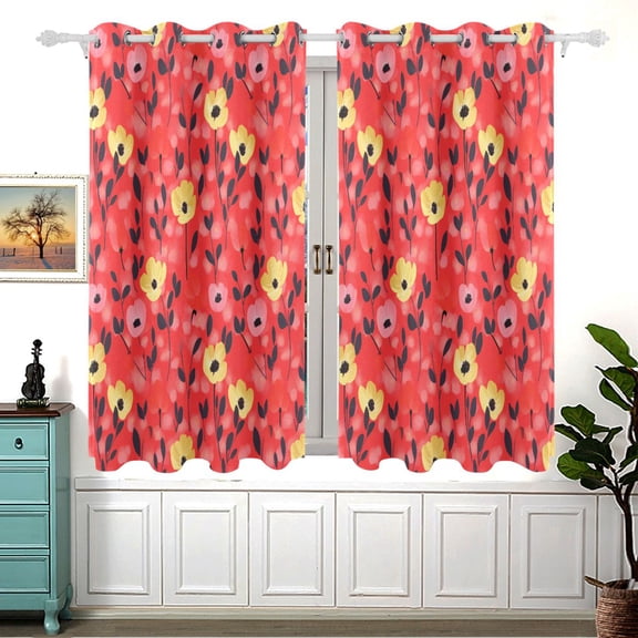 Little Yellow Flower Red Background Blackout Curtains for Living Room Bedroom 55W x 54L Insulated Window Drapes 2 Panels