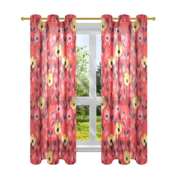 Little Yellow Flower Red Background Semi Sheer Curtains for Living Room Bedroom Set of 2 Insulated Window Drapes