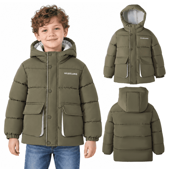 HILEELANG Kids Big Boys Warm Light Weight Padded Puffer Jacket with Hood Water-Resistant Winter Coat for Kids 6-13, Olive Green Outdoor Style