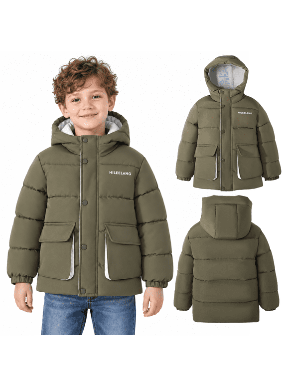 Kids Big Boys Warm Light Weight Padded Puffer Jacket with Hood Water-Resistant Winter Coat for Kids 6-13, Olive Green Outdoor Style