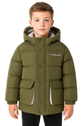 Kids Big Boys Warm Light Weight Padded Puffer Jacket with Hood Water-Resistant Winter Coat for Kids 6-13, Olive Green Outdoor Style
