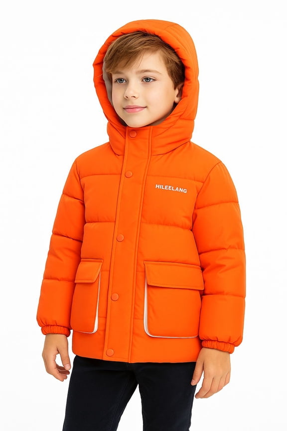 Kids Big Boys Lightweight Puffer Jacket with Hood Warm Light Weigh Water-Resistant Winter Coat for Kids 6-13, Bright Orange Safety Color