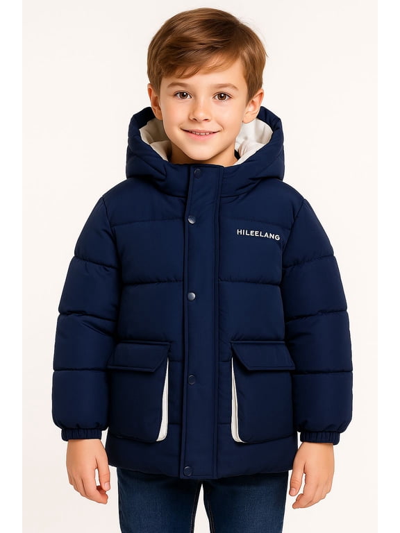 Kids Big Boys Winter Puffer Jacket with Hood Warm Light Weight Padded Water-Resistant Coat for Kids 6-13 Years, Classic Navy Blue