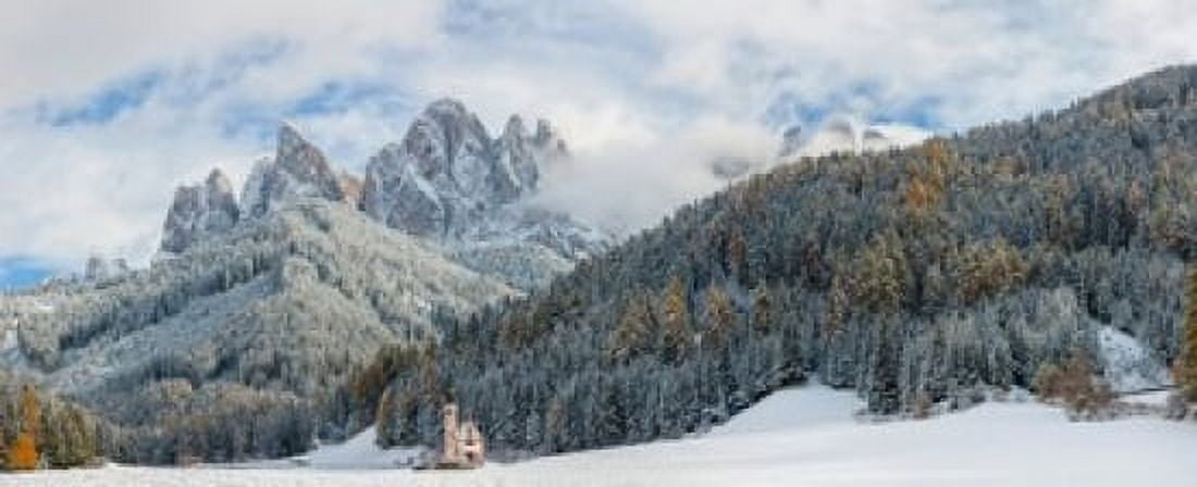 Little church at the snowy valley in winter St Johann Church Val di Funes Dolomites Italy Canvas Art - Panoramic Images (15 x 6)