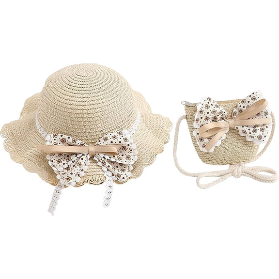 Little daughter Bowknot Straw Hat Cute Woven Sunblock Hat with Straw Shoulder Bag Packable Summer Beach Cap Wide Brim