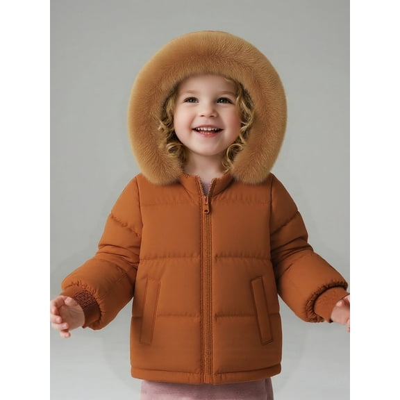 HILEELANG Toddler Baby Kids Winter Puffer Jacket with Detachable Hood and Faux Fur Trim – Warm Windproof Water-Resistant Coat for Boys and Girls 12M–7T, Caramel
