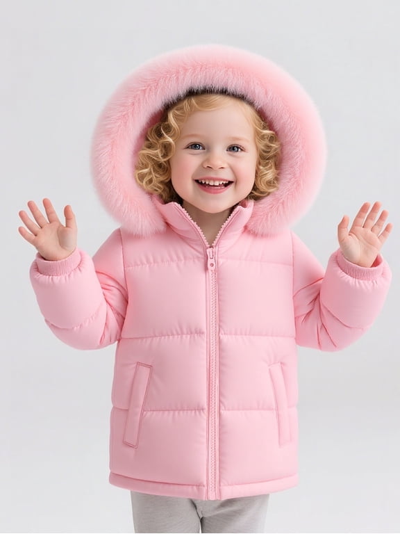 Toddler Baby Girl Winter Puffer Jacket with Faux Fur Hood – Warm Windproof Water-Resistant Coat 12M–7T, Lightweight Quilted Pink Outerwear for Cold Weather