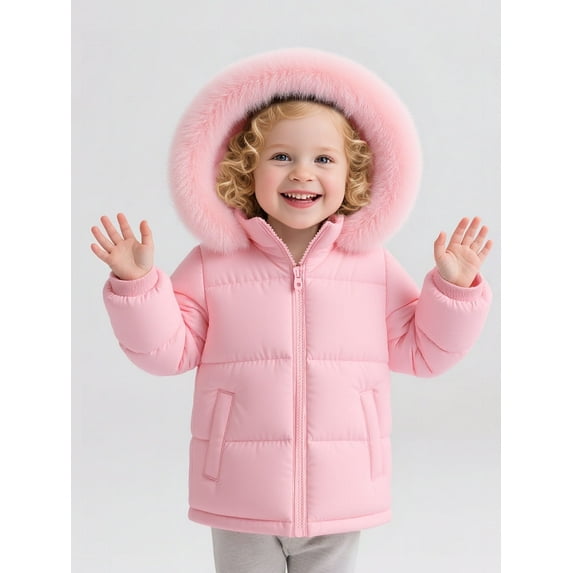 HILEELANG Toddler Baby Girl Winter Puffer Jacket with Faux Fur Hood – Warm Windproof Water-Resistant Coat 12M–7T, Lightweight Quilted Pink Outerwear for Cold Weather