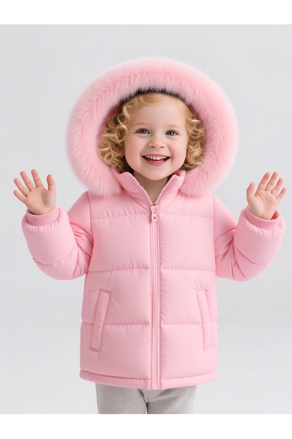 Toddler Baby Girl Winter Puffer Jacket with Faux Fur Hood – Warm Windproof Water-Resistant Coat 12M–7T, Lightweight Quilted Pink Outerwear for Cold Weather