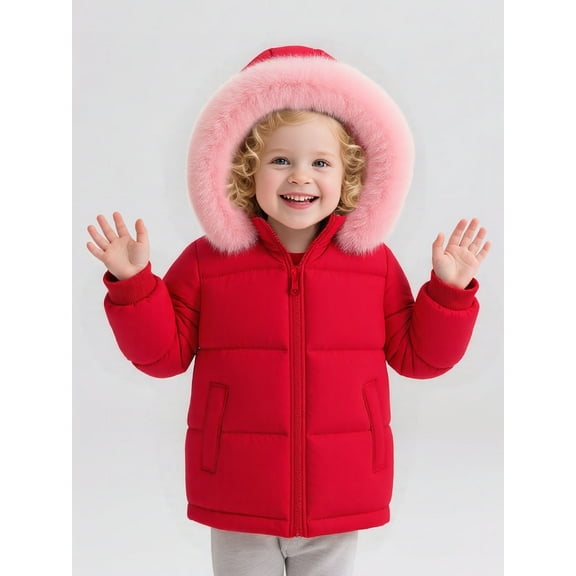 HILEELANG Toddler Baby Kids Winter Puffer Jacket with Detachable Hood and Faux Fur Trim – Warm Windproof Water-Resistant Coat for Boys and Girls 12M–7T, Red