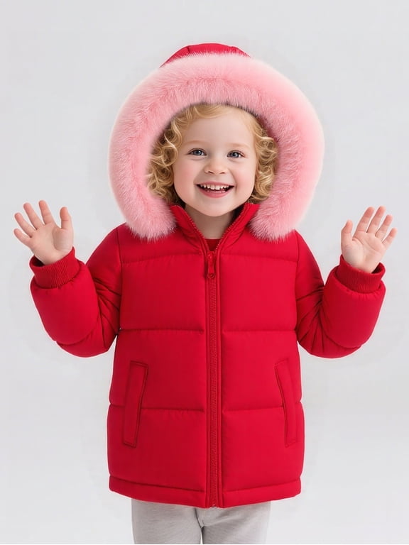 Toddler Baby Kids Winter Puffer Jacket with Detachable Hood and Faux Fur Trim – Warm Windproof Water-Resistant Coat for Boys and Girls 12M–7T, Red